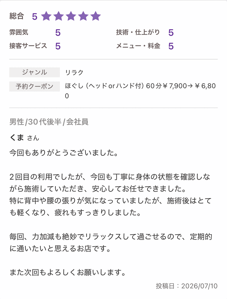 2回目に来店された30代男性からのホットペッパー口コミ